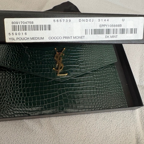 SAINT LAURENT YSL Dark Mint Green Uptown Croc Print Med Envelope Pouch Clutch - Picture 3 of 12